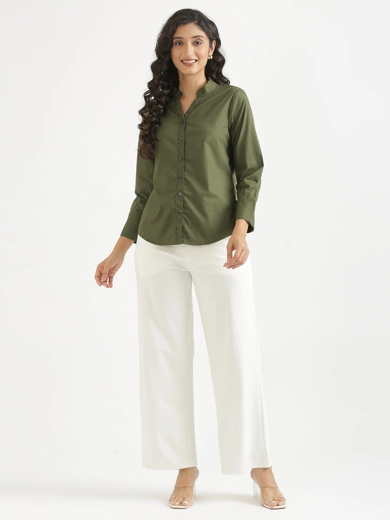 Women Forest Green Better Cotton Mandarin Collar Shirt
