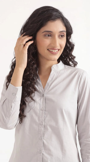 Women Grey Better Cotton Mandarin Collar Shirt