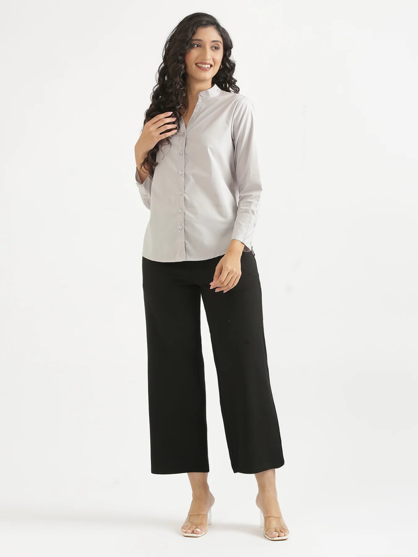 Women Grey Better Cotton Mandarin Collar Shirt