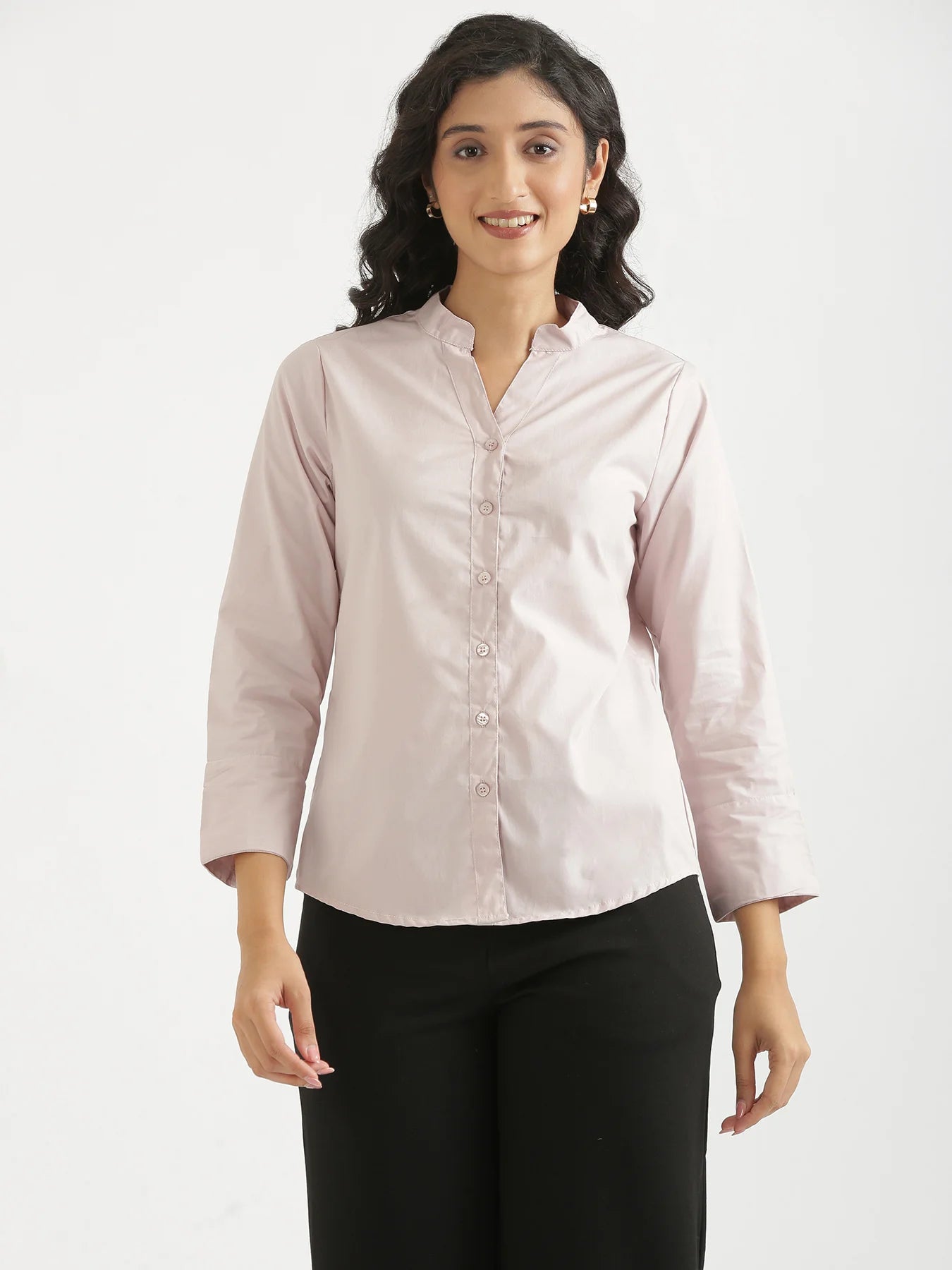 Women Mauve Pink Better Cotton Mandarin Collar Shirt