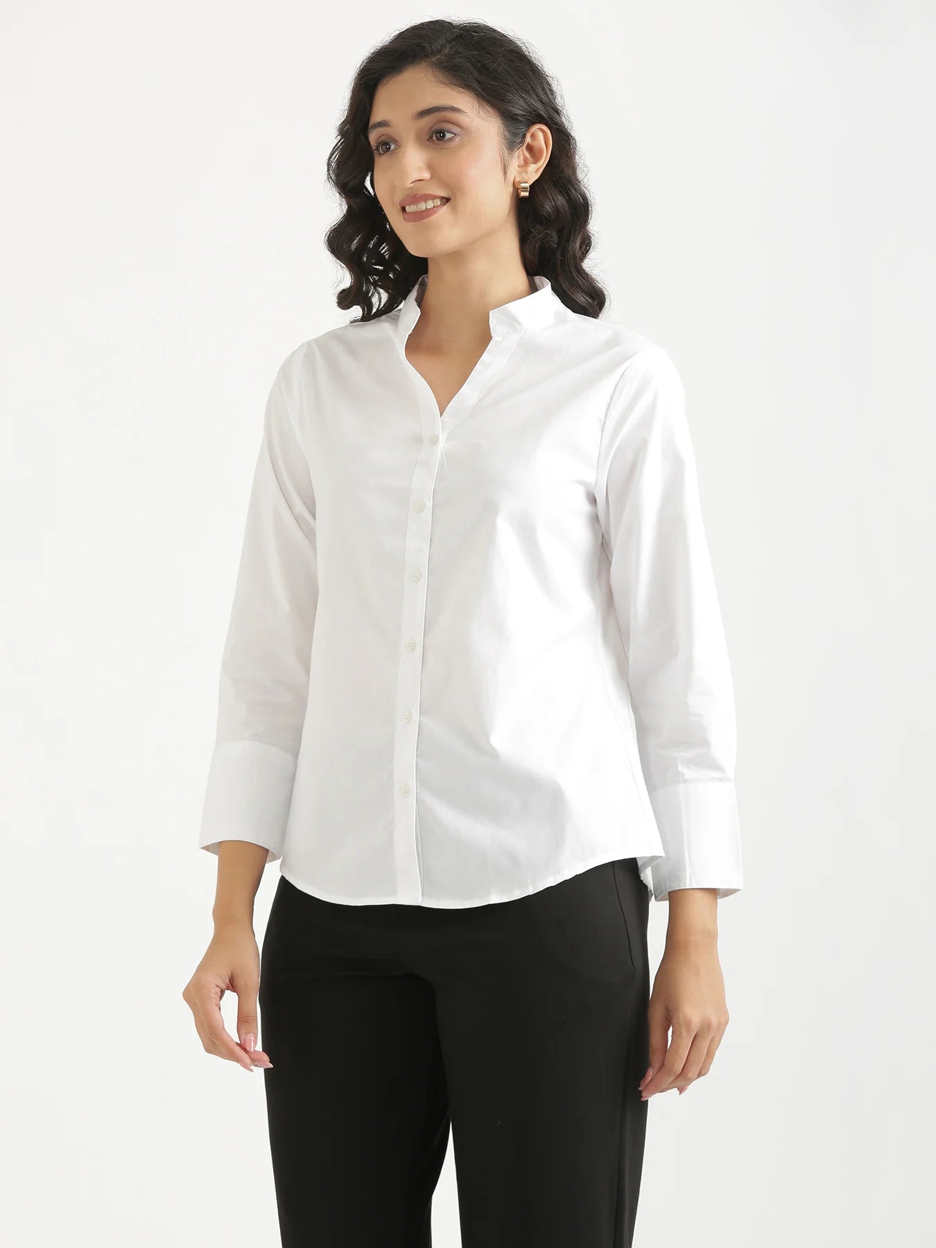 Women White Better Cotton Mandarin Collar Shirt