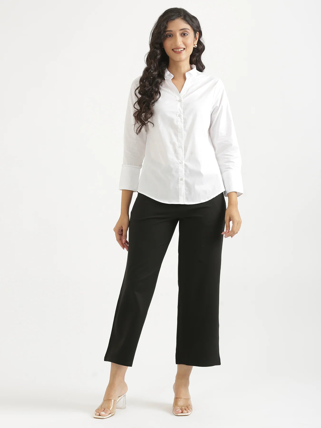 Women White Better Cotton Mandarin Collar Shirt