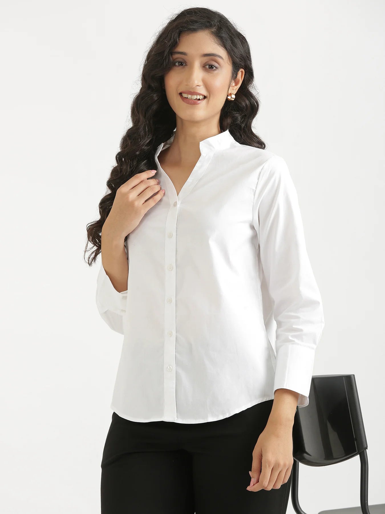 Women White Better Cotton Mandarin Collar Shirt