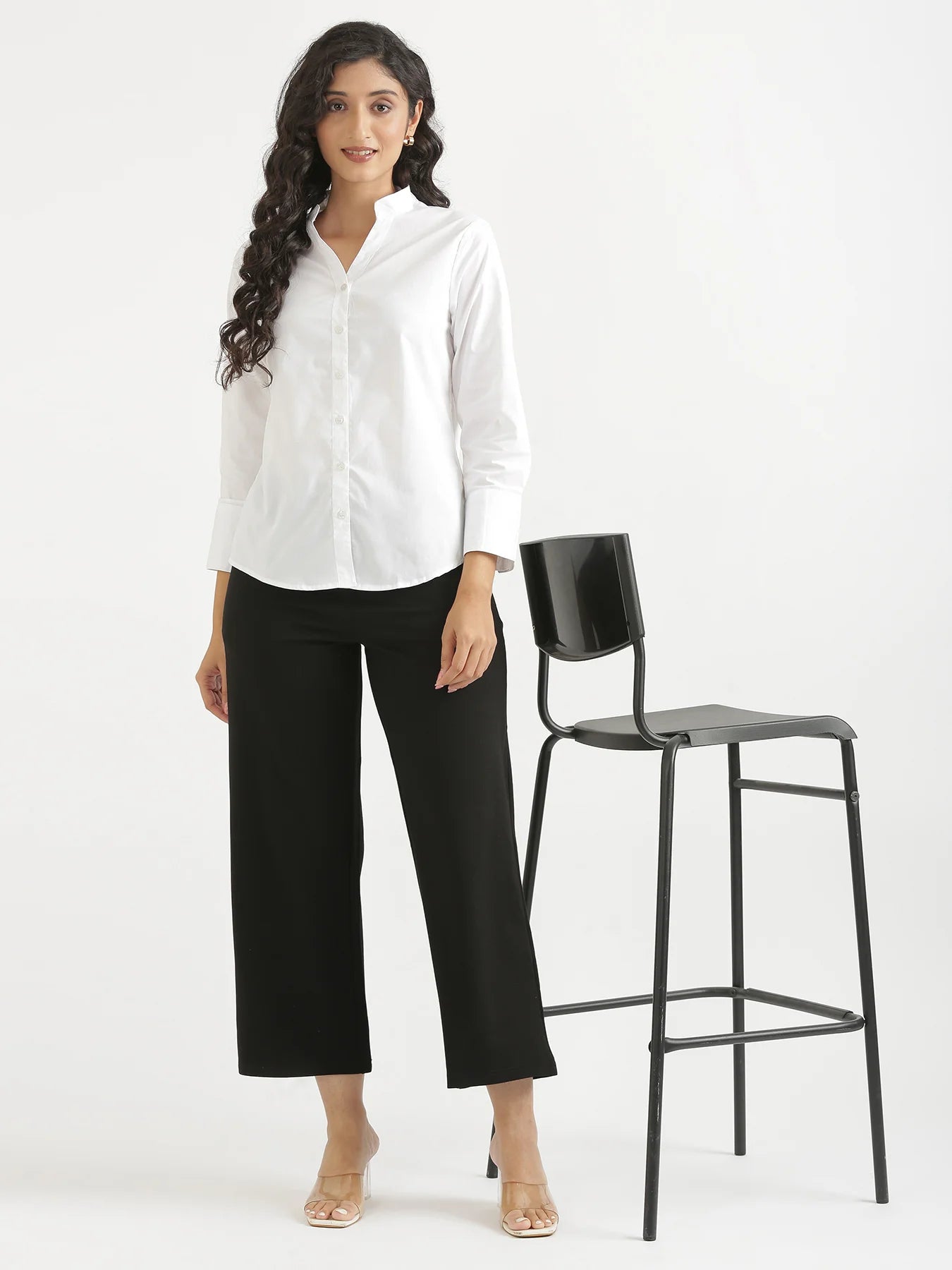 Women White Better Cotton Mandarin Collar Shirt