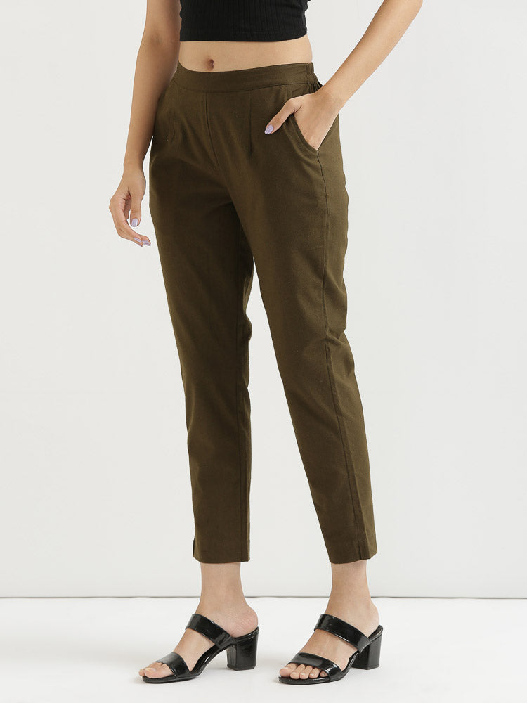 Women Plus Size Olive Green Cotton Pant