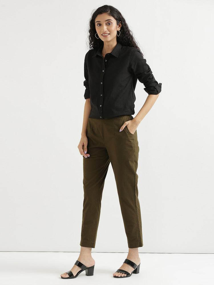Women Plus Size Olive Green Cotton Pant