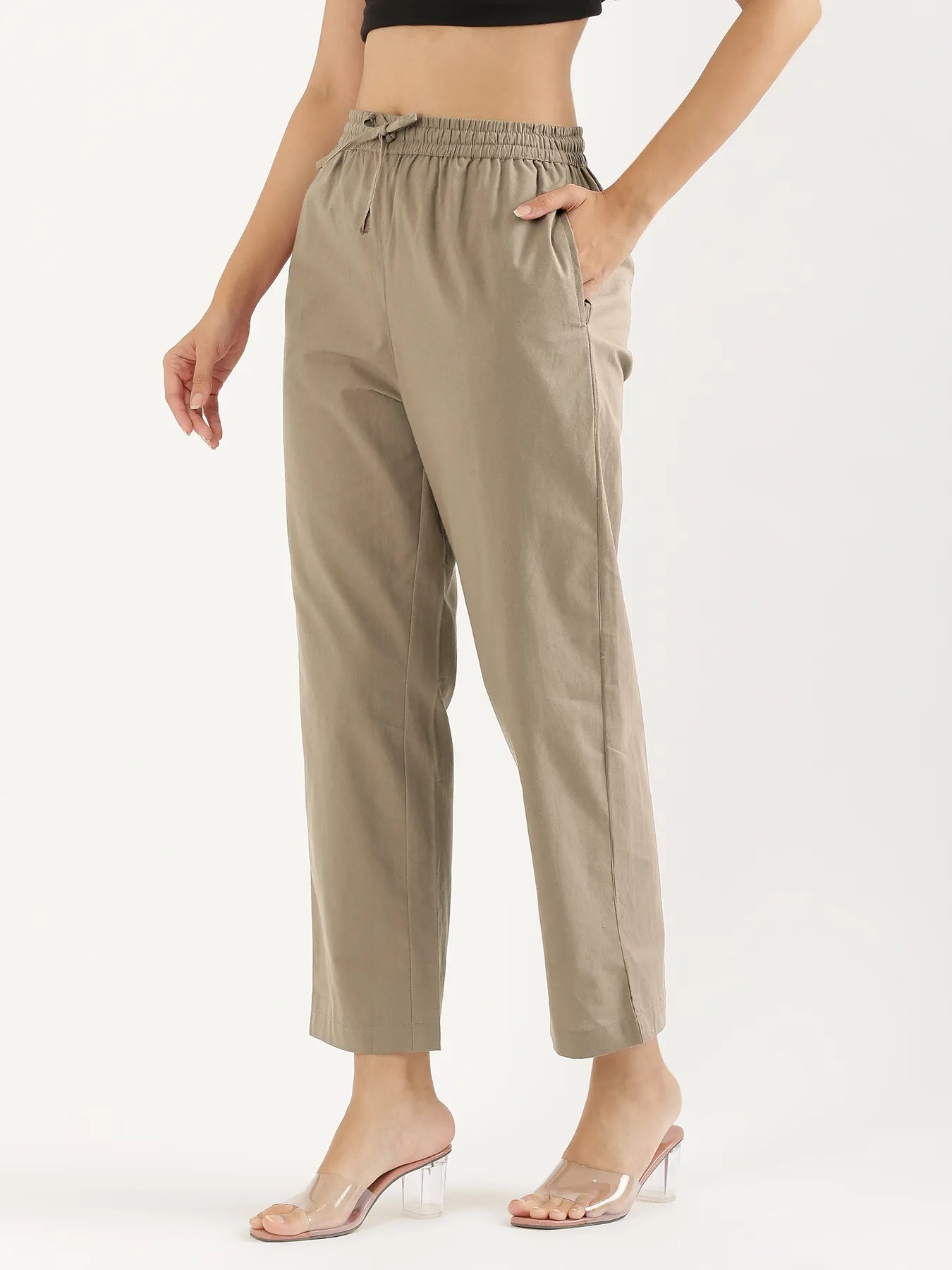 Women Khakhi Cotton Straight Pant