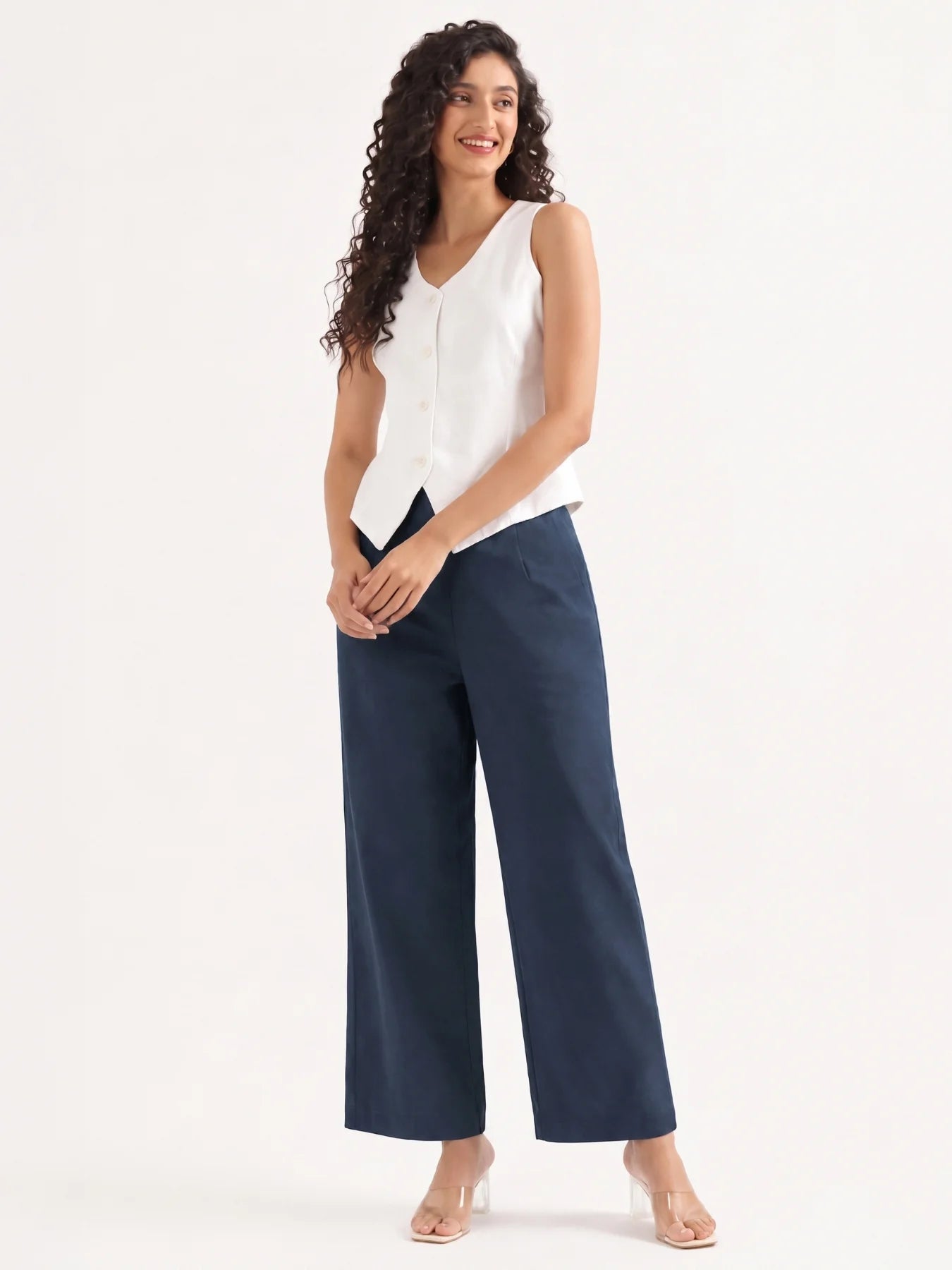 Women Navy Blue Wide Leg Trouser