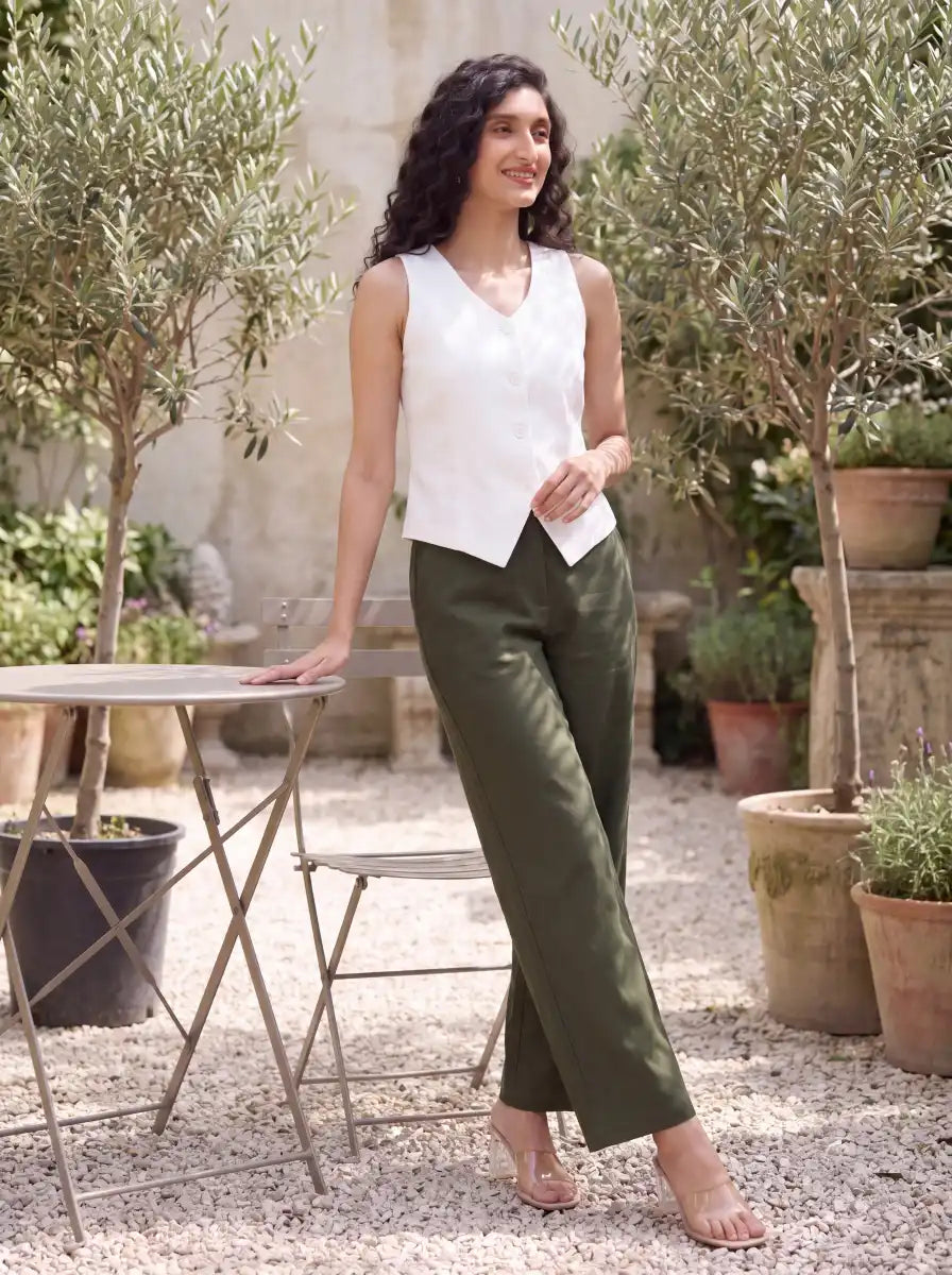 Women Olive Green Wide Leg Trouser