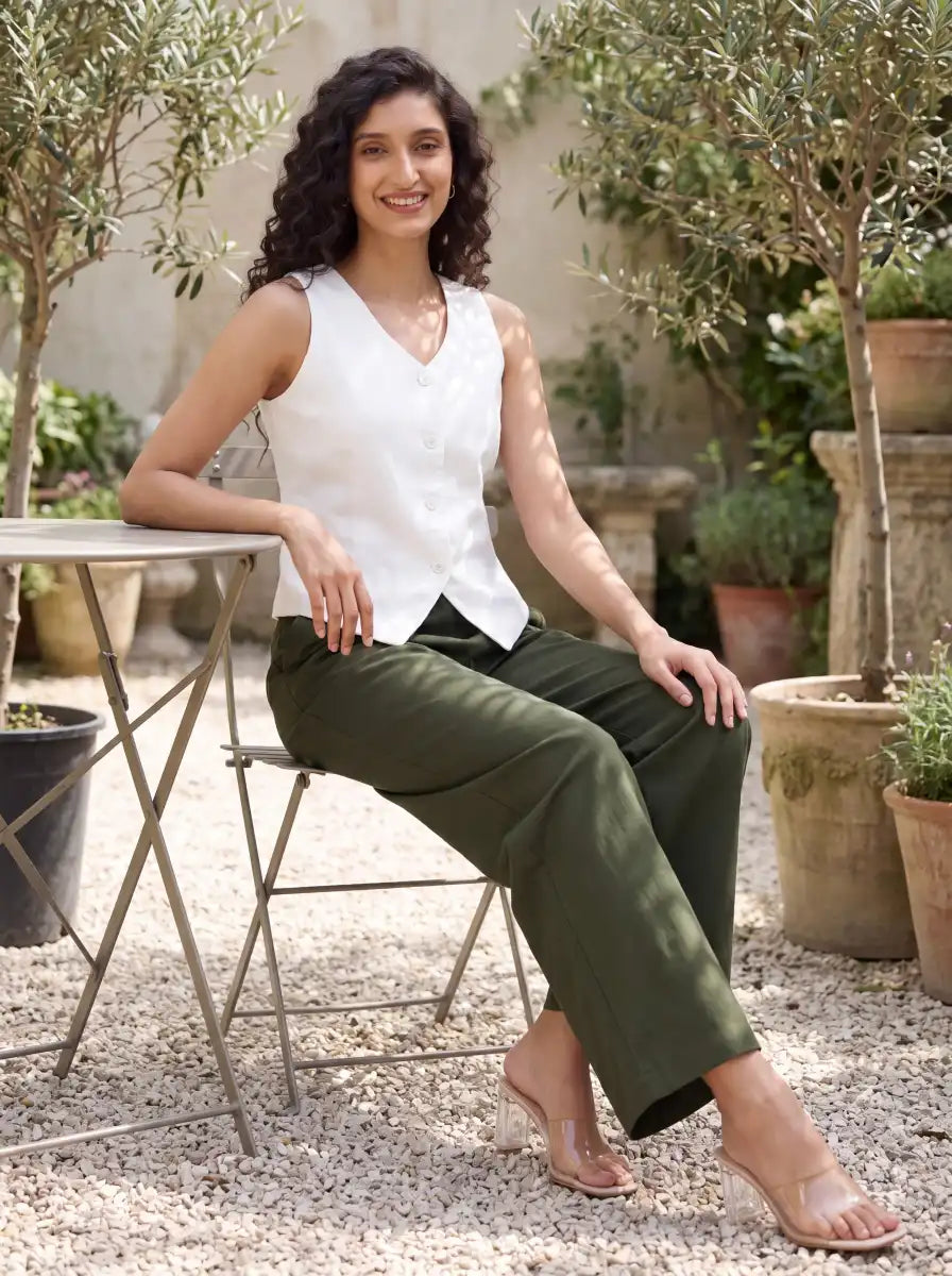 Women Olive Green Wide Leg Trouser