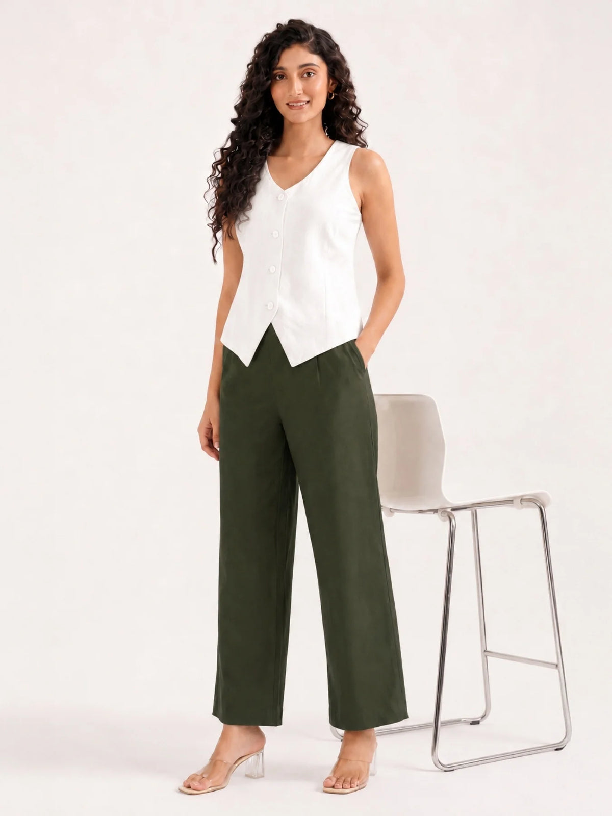 Women Olive Green Wide Leg Trouser