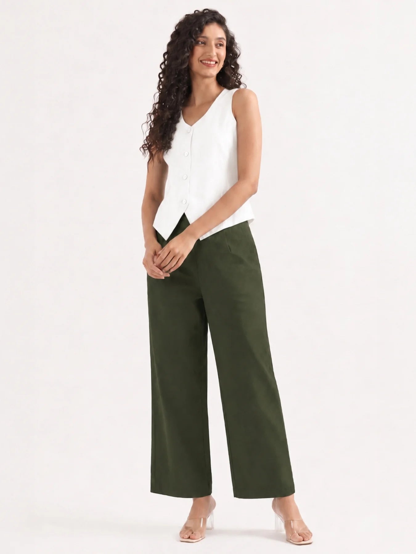Women Olive Green Wide Leg Trouser
