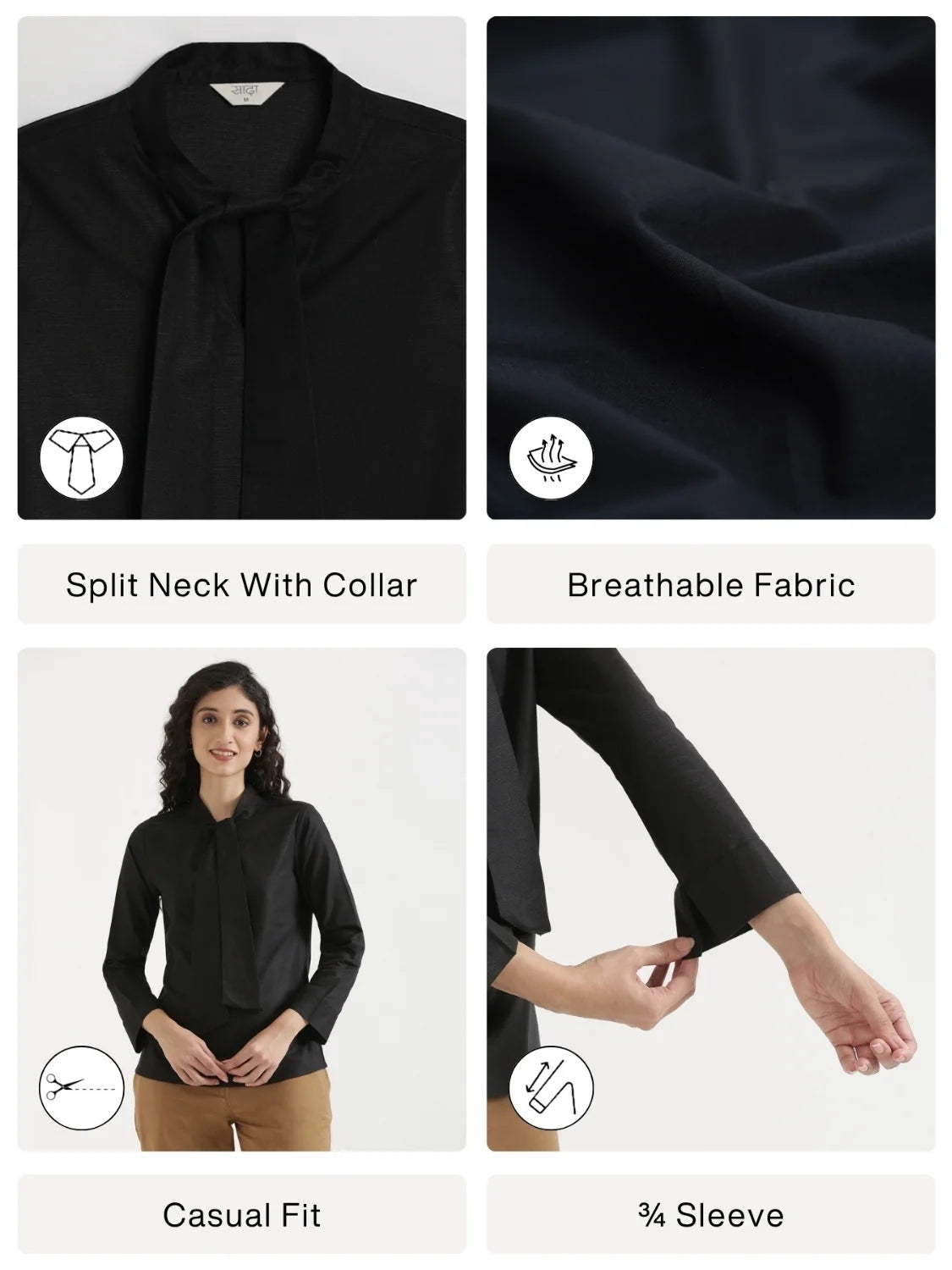 Women Black Linen Blend Knot Blouse
