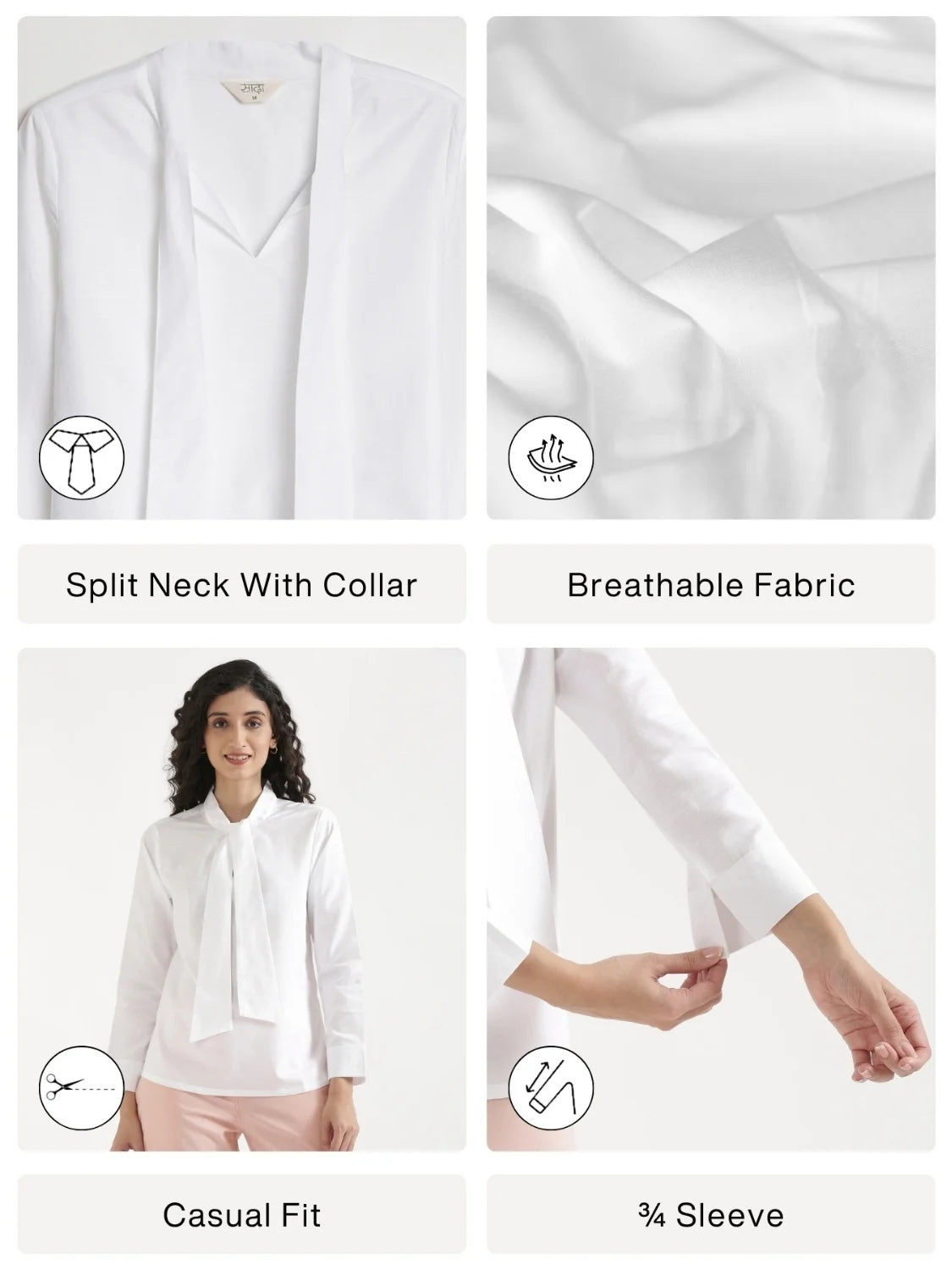 Women White Linen Blend Knot Blouse