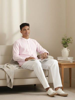 Men Blush Pink Linen Blend Mandarin Collar Shirt & White Cotton Pant Set