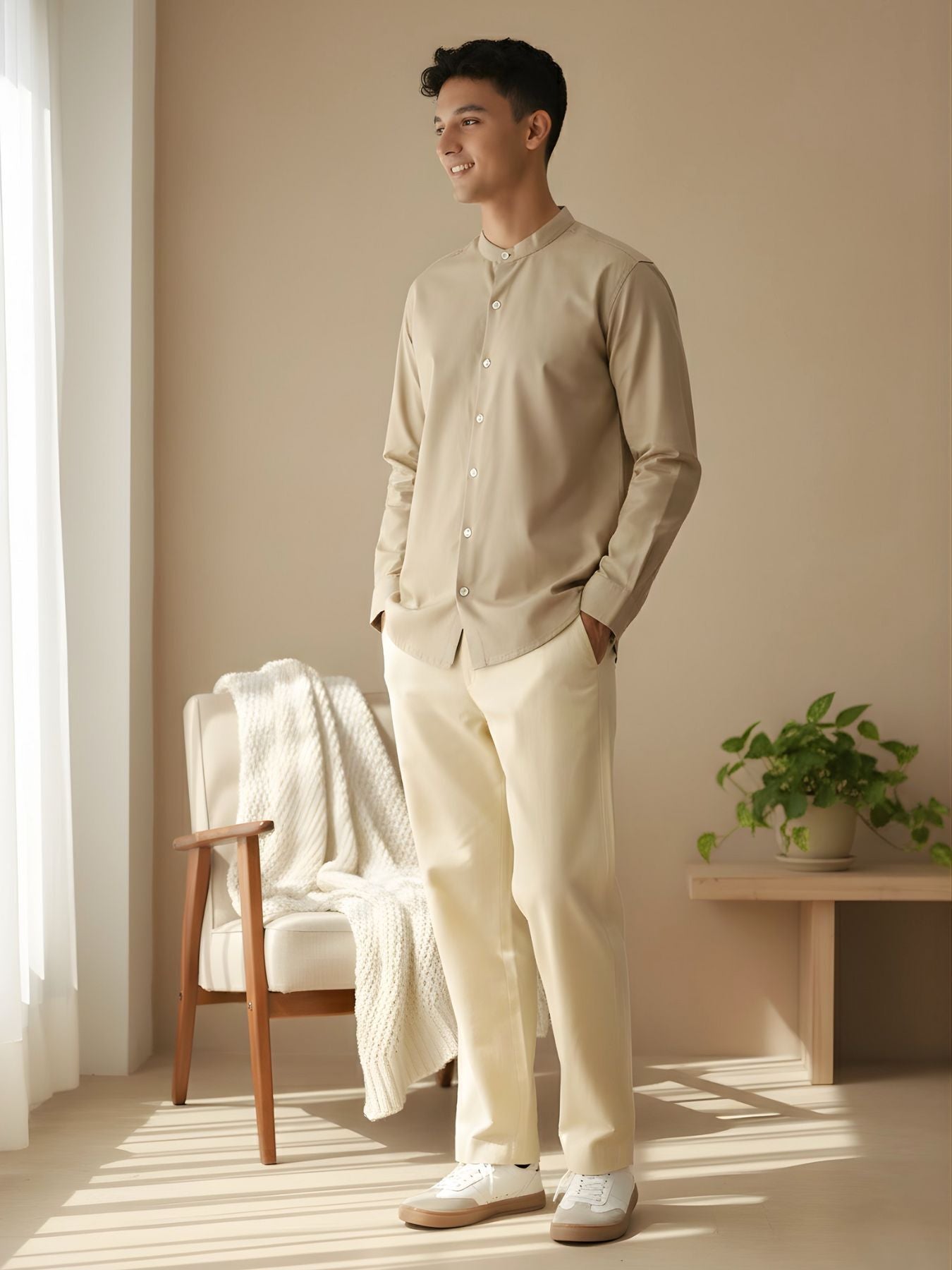 Men Taupe Linen Blend Mandarin Collar Shirt & Beige Cotton Pant Set
