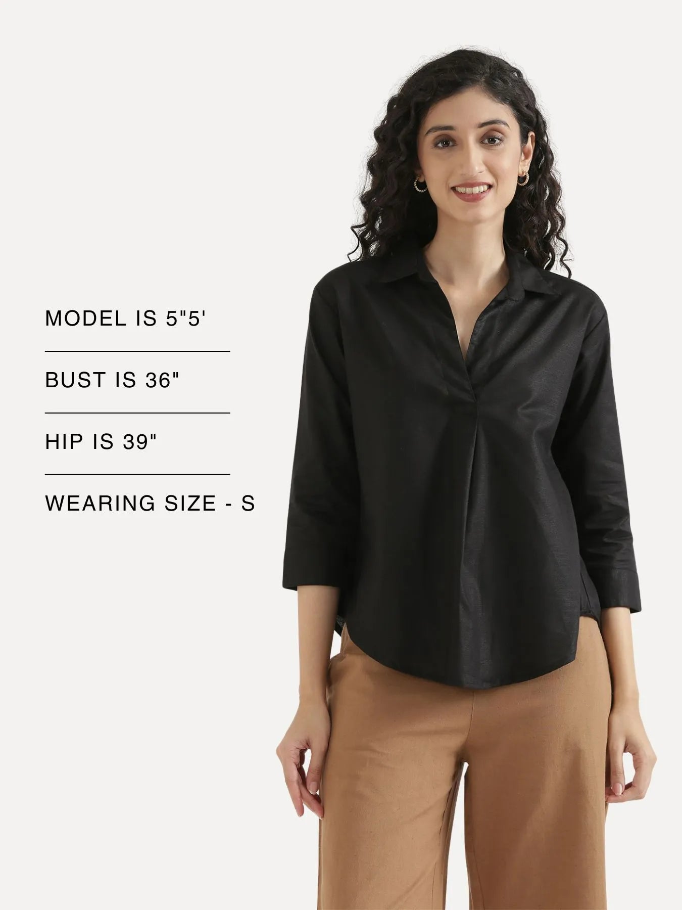 Women Black Linen Blend Pleated Top