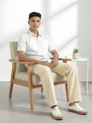 Men Powder Blue Linen Blend Short Sleeve Shirt & Beige Cotton Pant Set