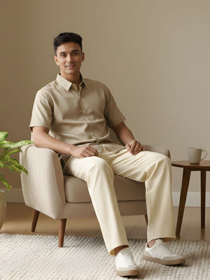 Men Taupe Linen Blend Short Sleeve Shirt & Beige Cotton Pant Set