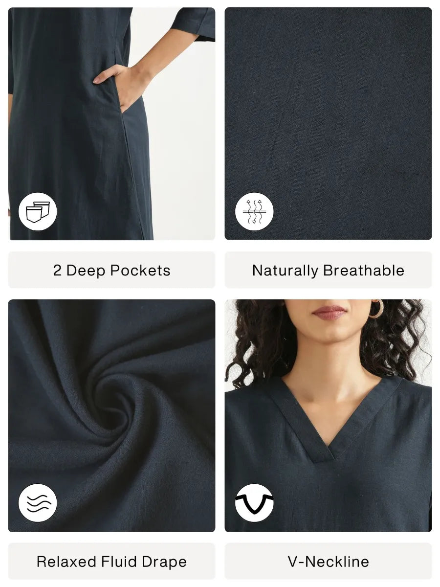 Women Navy Blue Flowy Linen A-Line Long Kurta