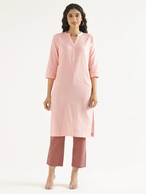 Women Salmon Pink Airy Linen Long Kurta