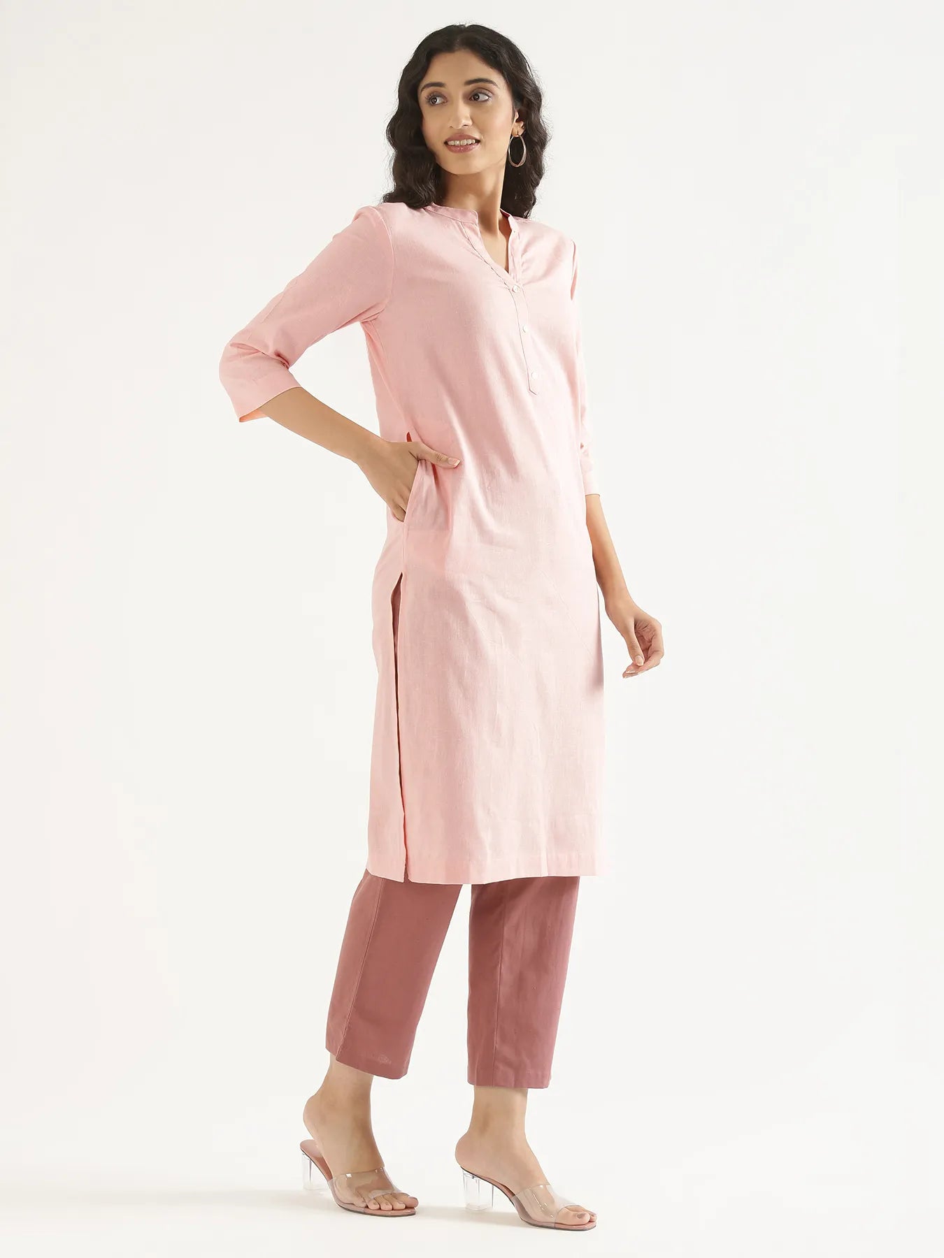 Women Salmon Pink Airy Linen Long Kurta