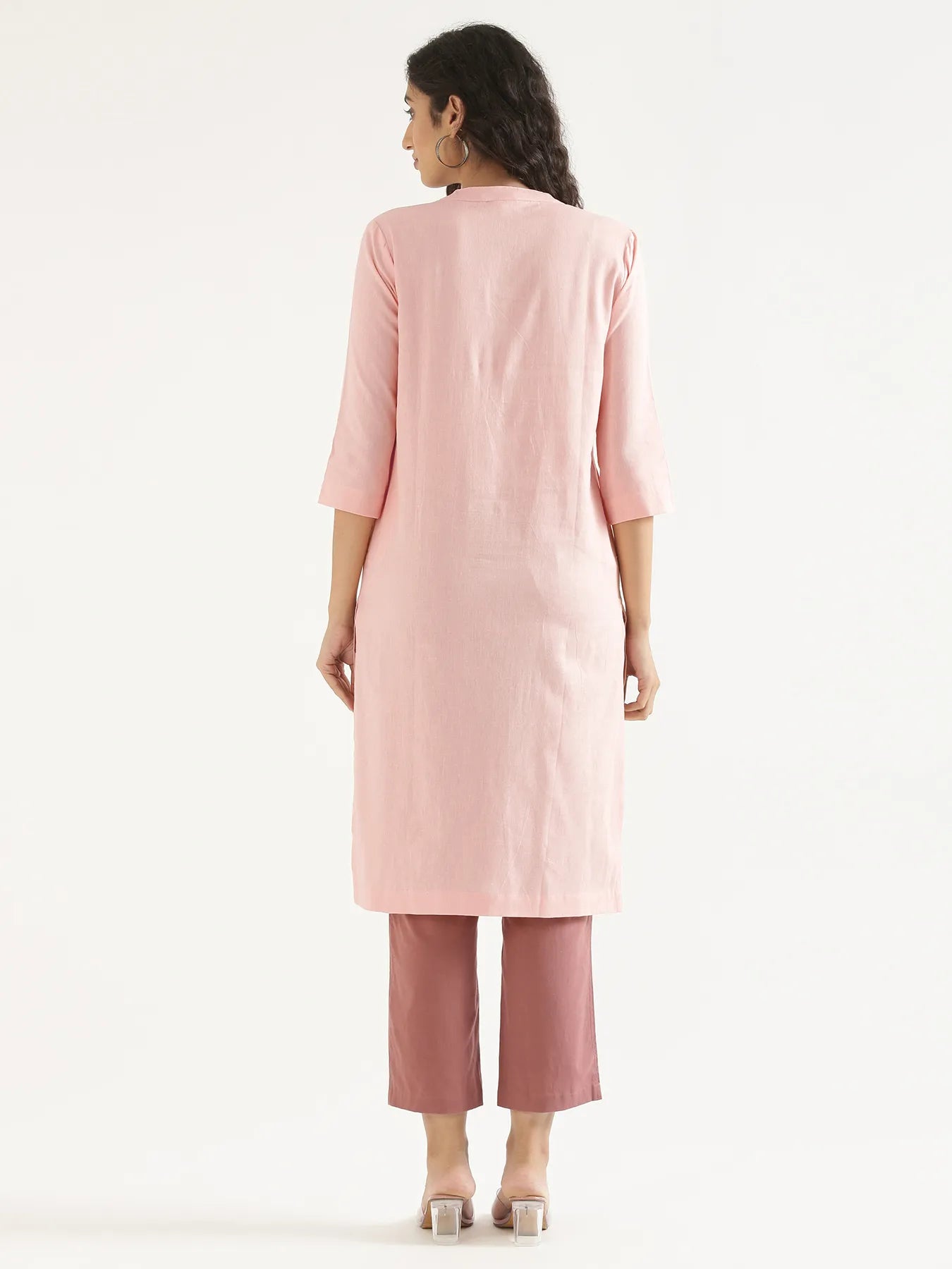Women Salmon Pink Airy Linen Long Kurta