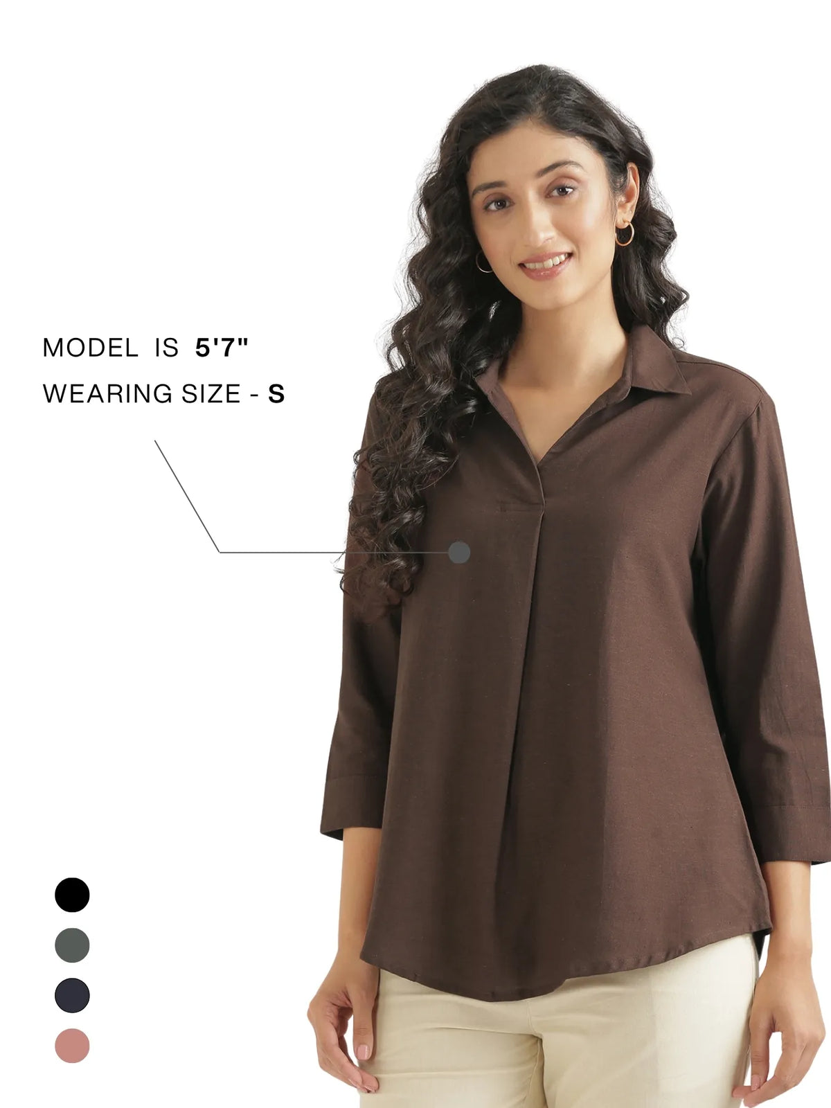 Women Dark Brown Flowy Linen Pleated Kurta