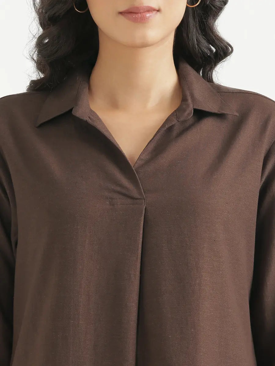 Women Dark Brown Flowy Linen Pleated Kurta