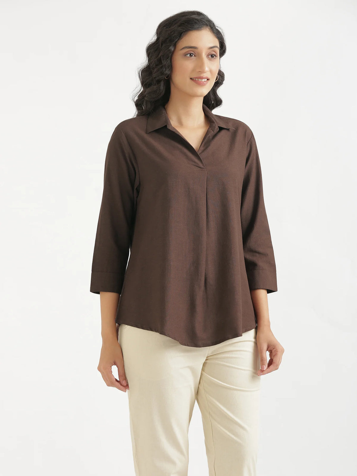 Women Dark Brown Flowy Linen Pleated Kurta