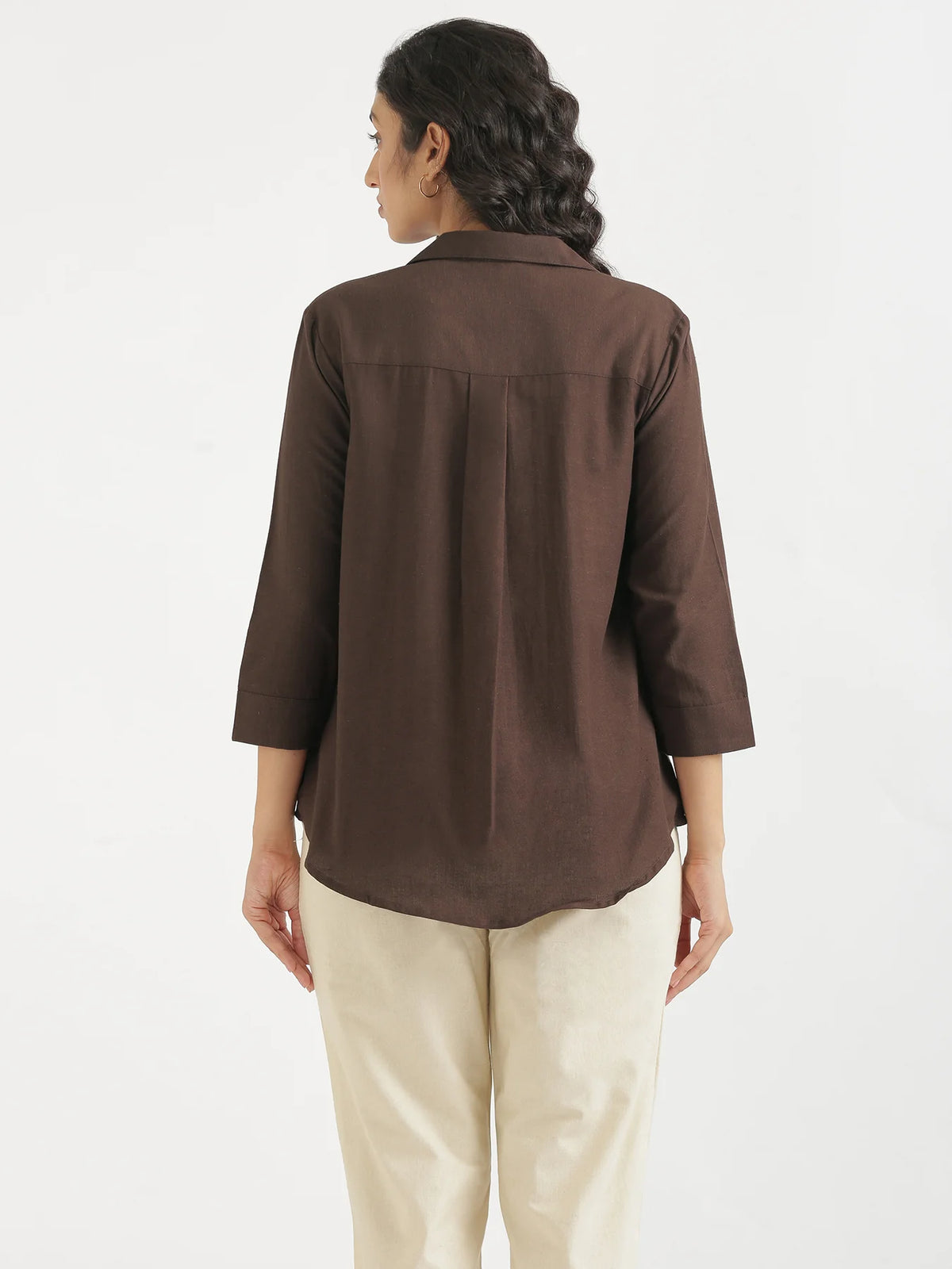 Women Dark Brown Flowy Linen Pleated Kurta