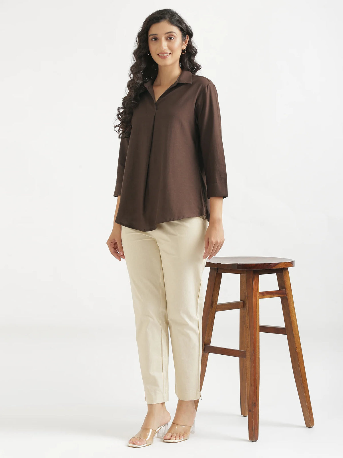 Women Dark Brown Flowy Linen Pleated Kurta