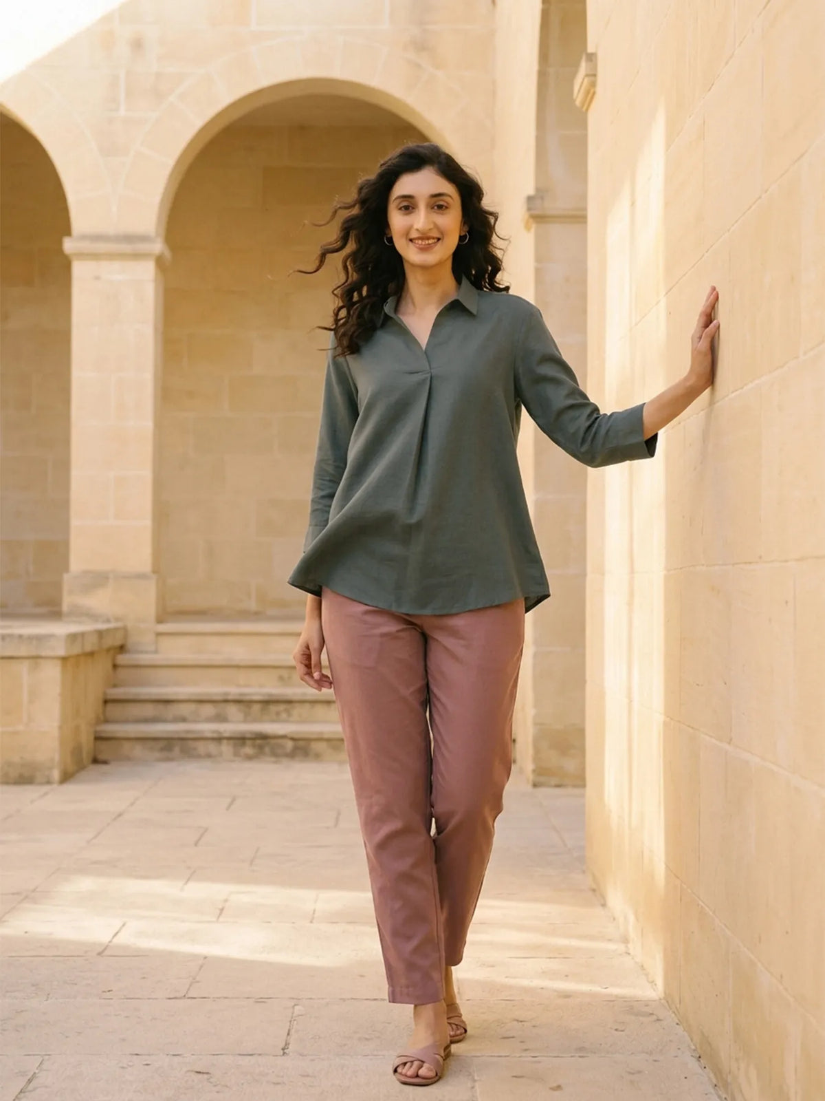 Women German Grey Flowy Linen Pleated Kurta
