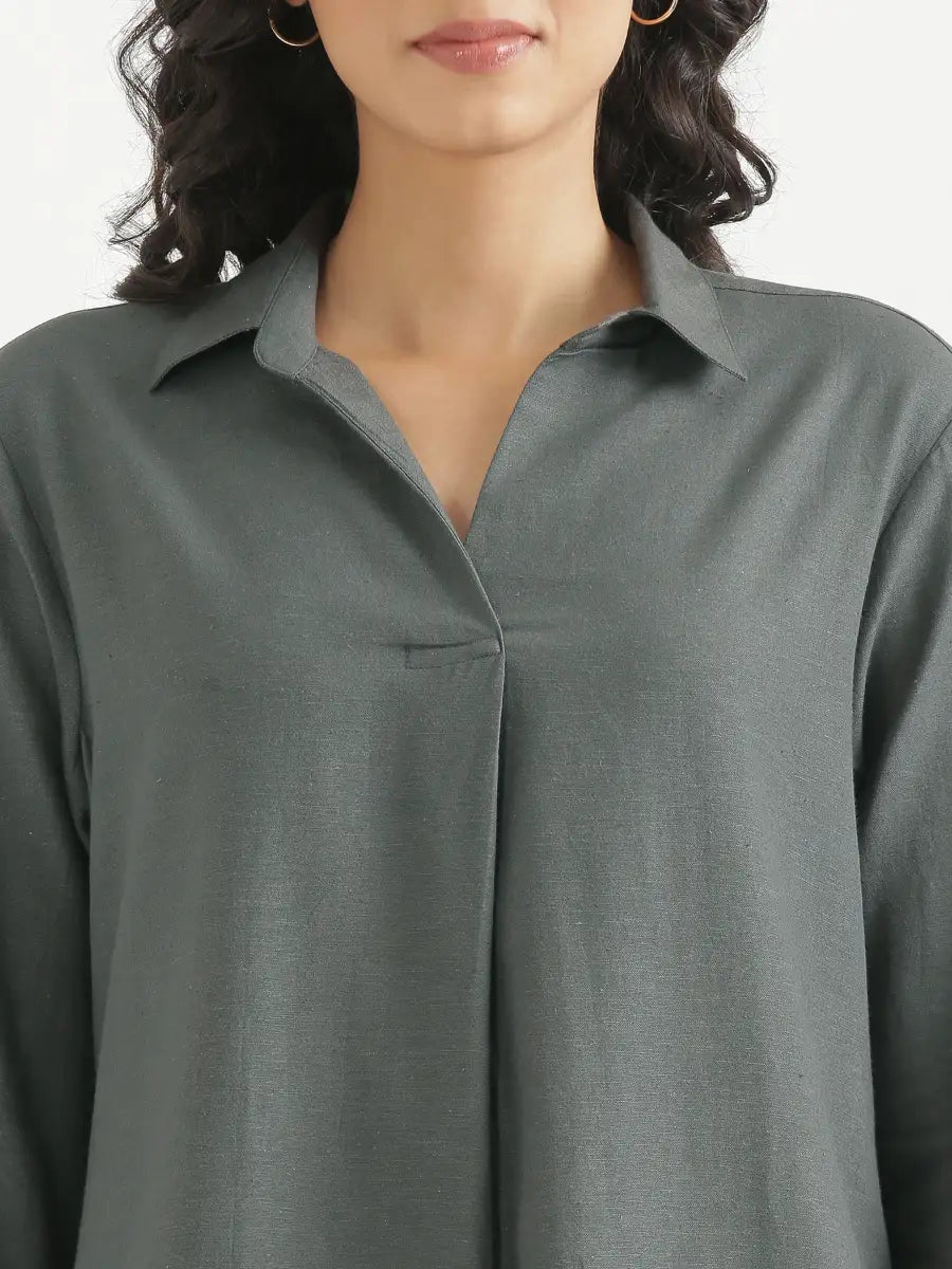 Women German Grey Flowy Linen Pleated Kurta