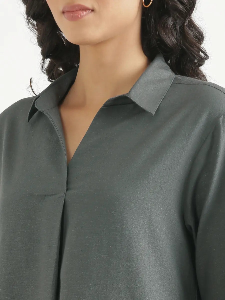 Women German Grey Flowy Linen Pleated Kurta