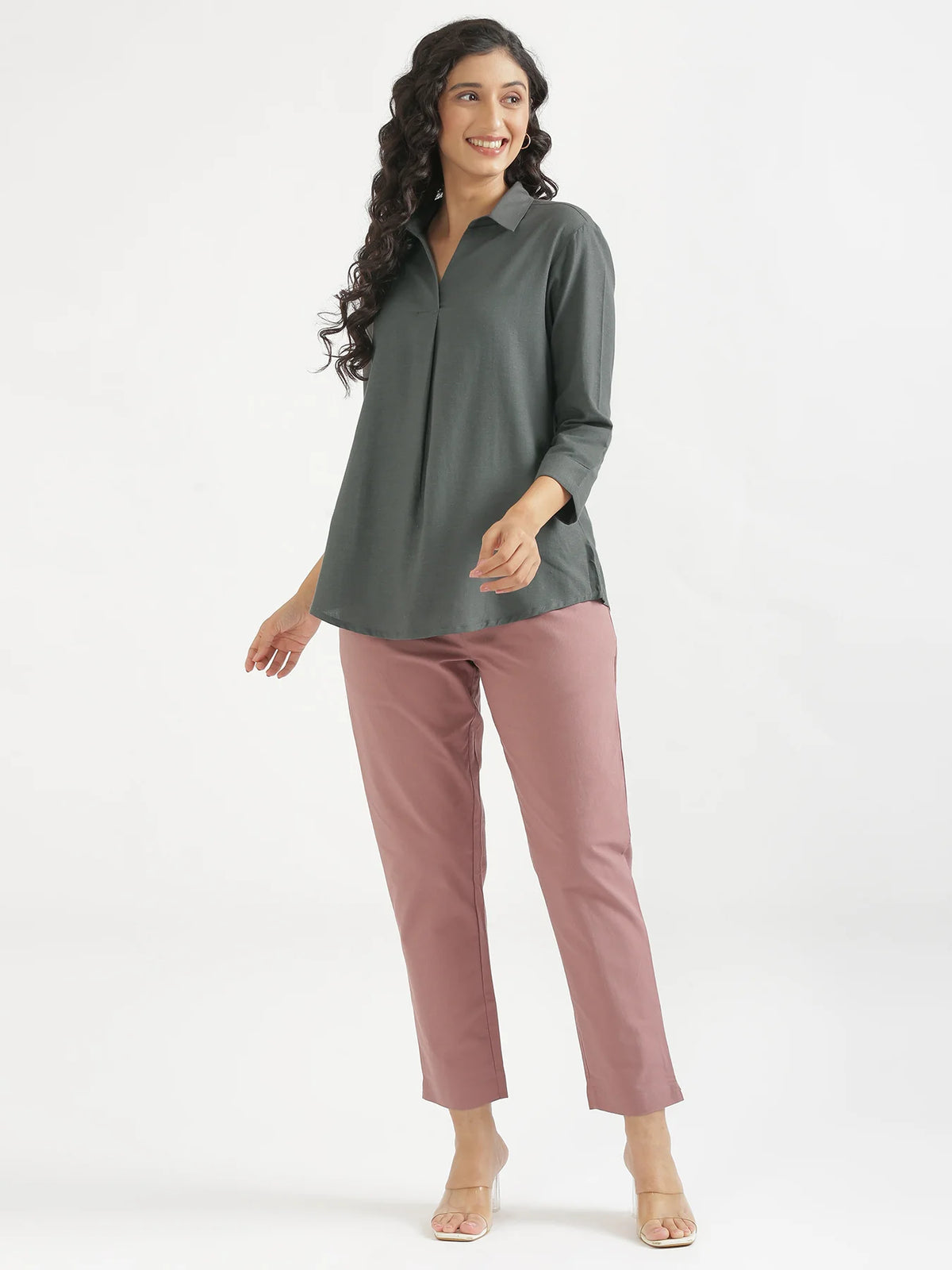 Women German Grey Flowy Linen Pleated Kurta