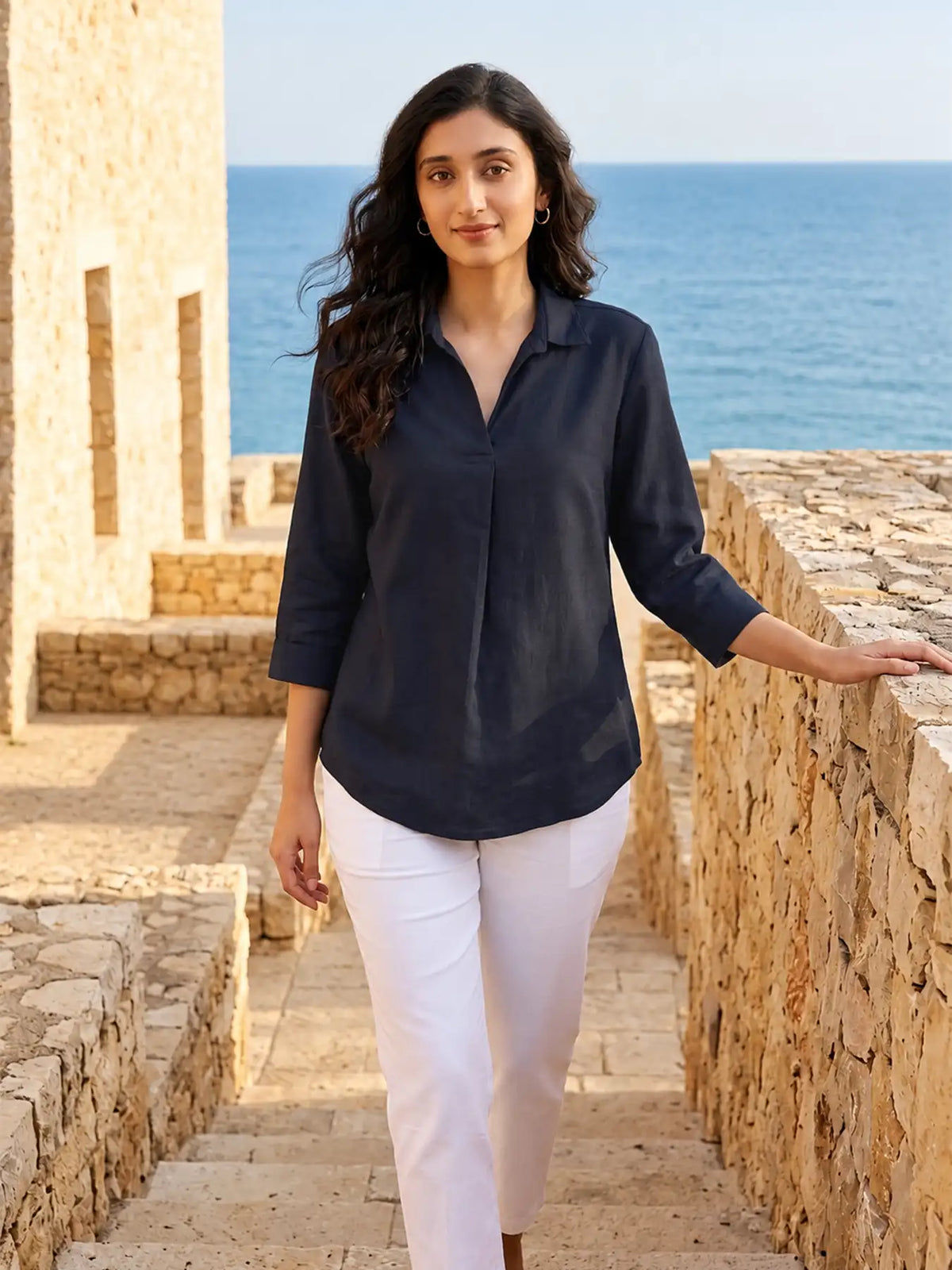 Women Navy Blue Flowy Linen Pleated Kurta