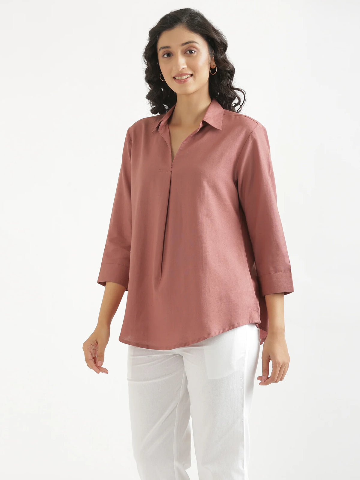 Women Rose Taupe Flowy Linen Pleated Kurta
