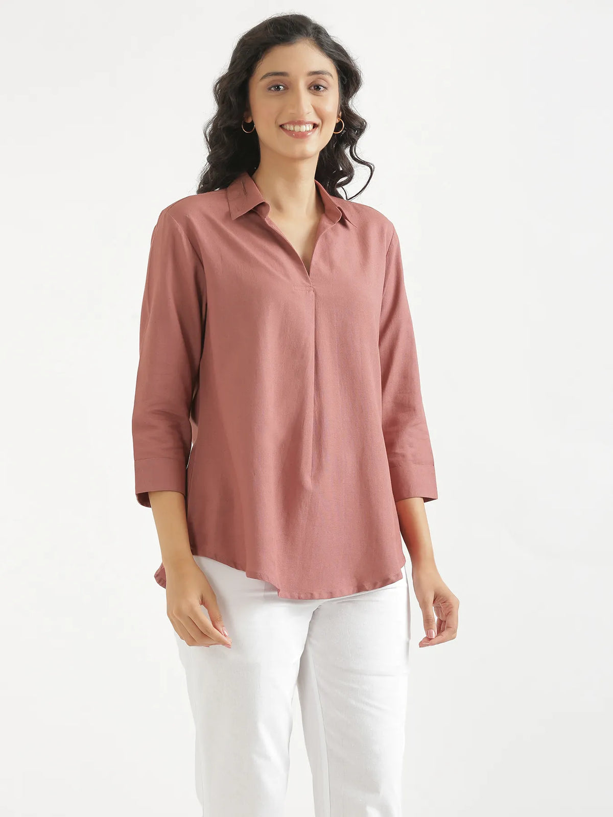 Women Rose Taupe Flowy Linen Pleated Kurta