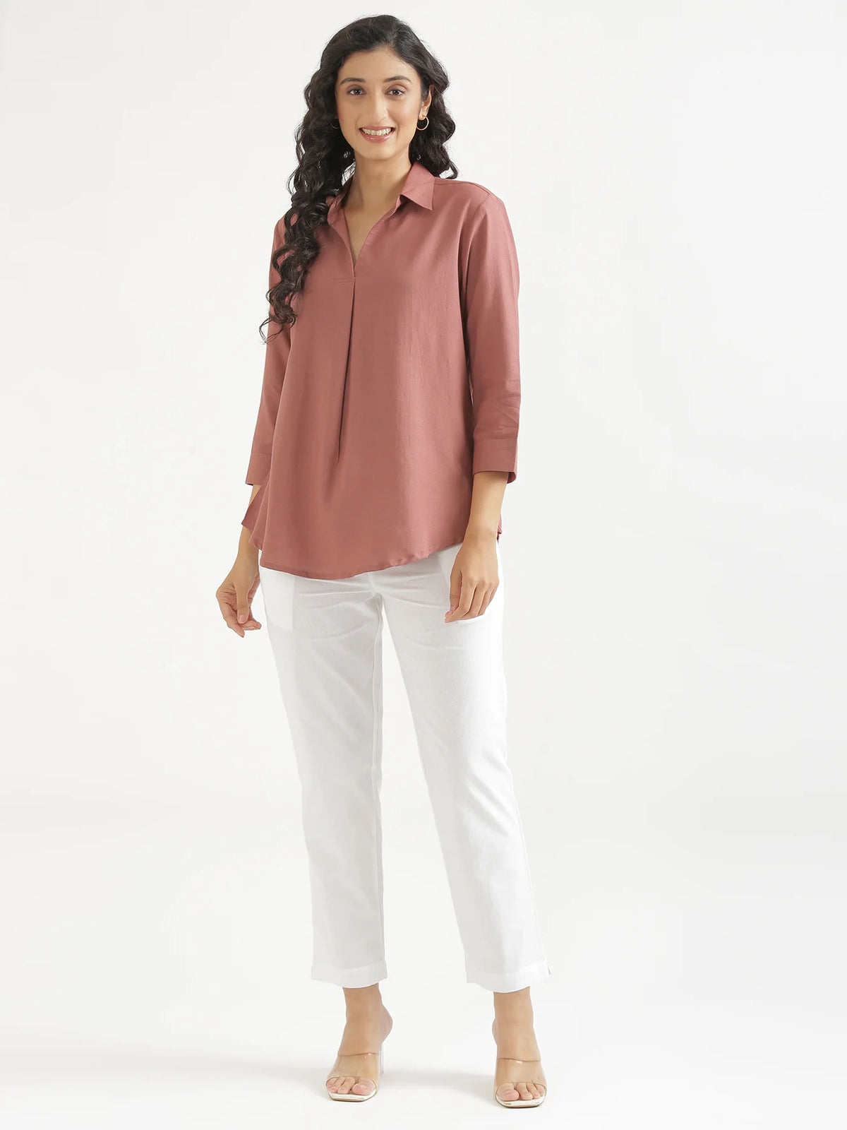 Women Rose Taupe Flowy Linen Pleated Kurta