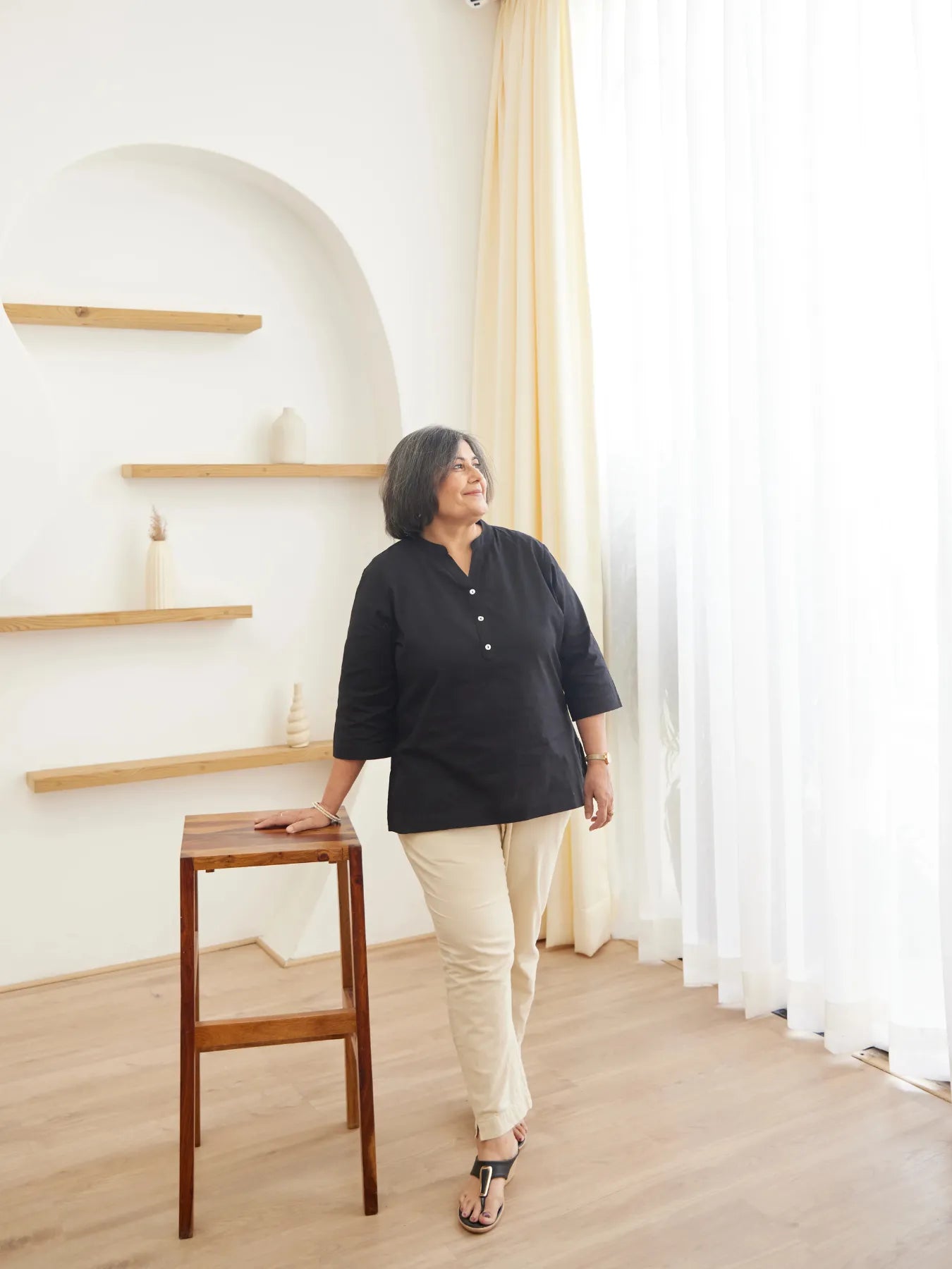 Women Plus Size Black Airy Linen Short Kurta