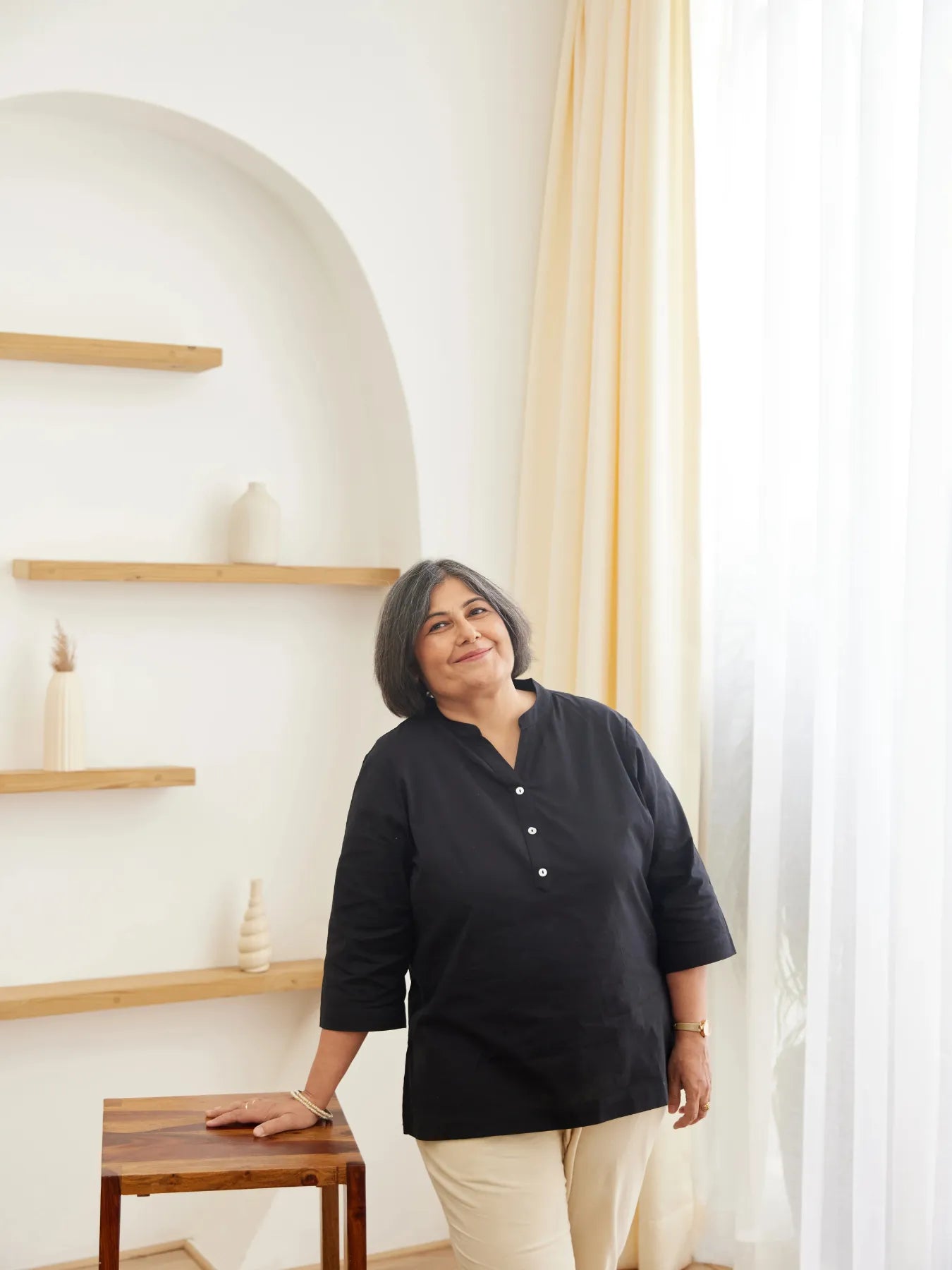 Women Plus Size Black Airy Linen Short Kurta