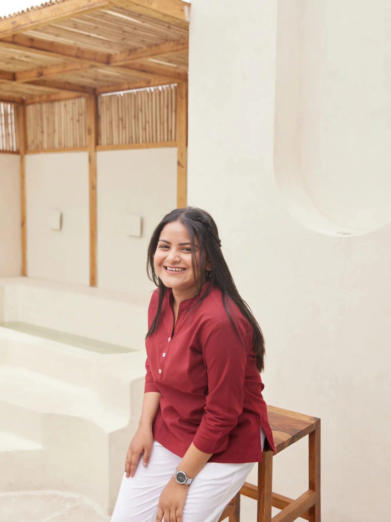 Women Plus Size Maroon Airy Linen Short Kurta