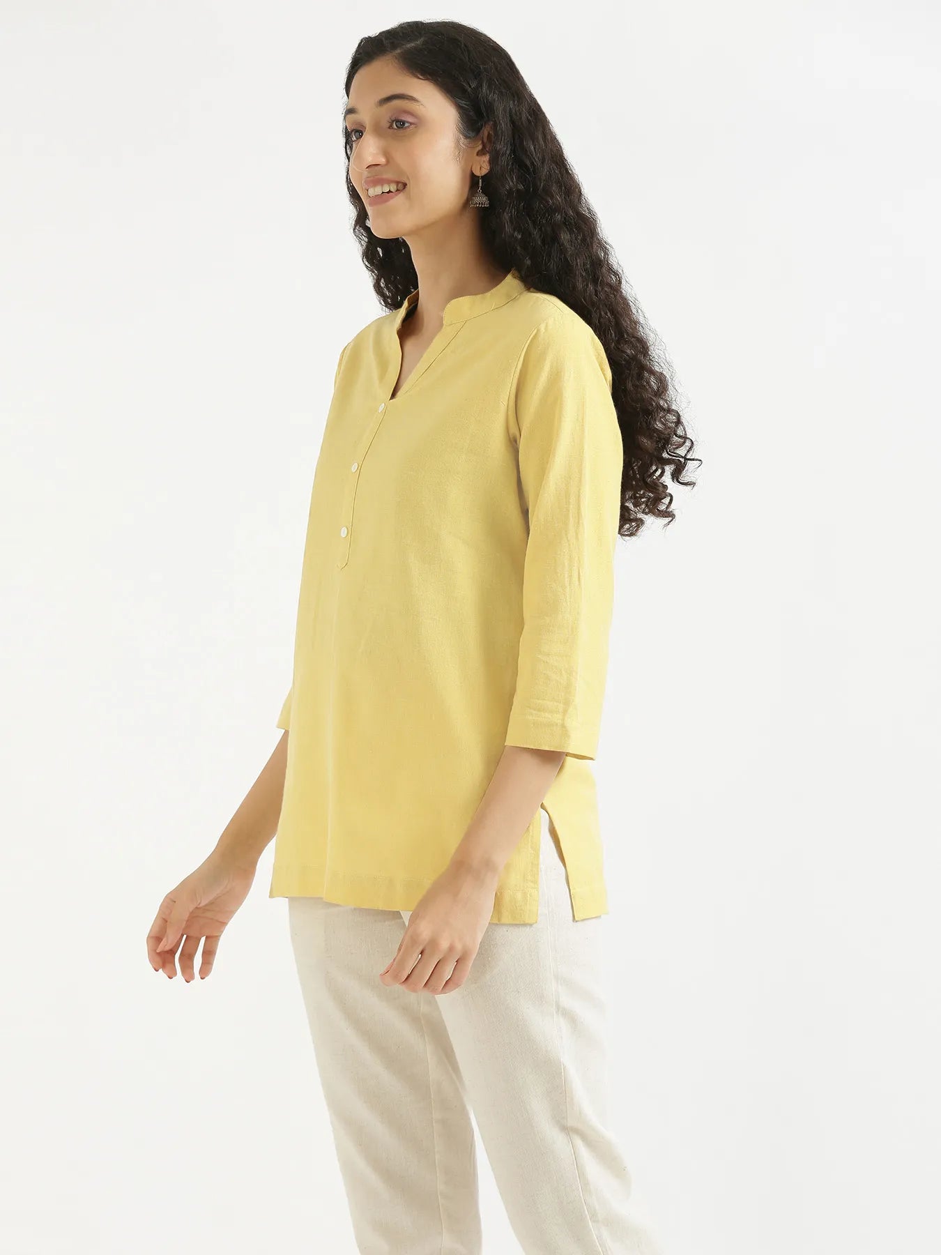 Women Lemon Yellow Airy Linen Short Kurta