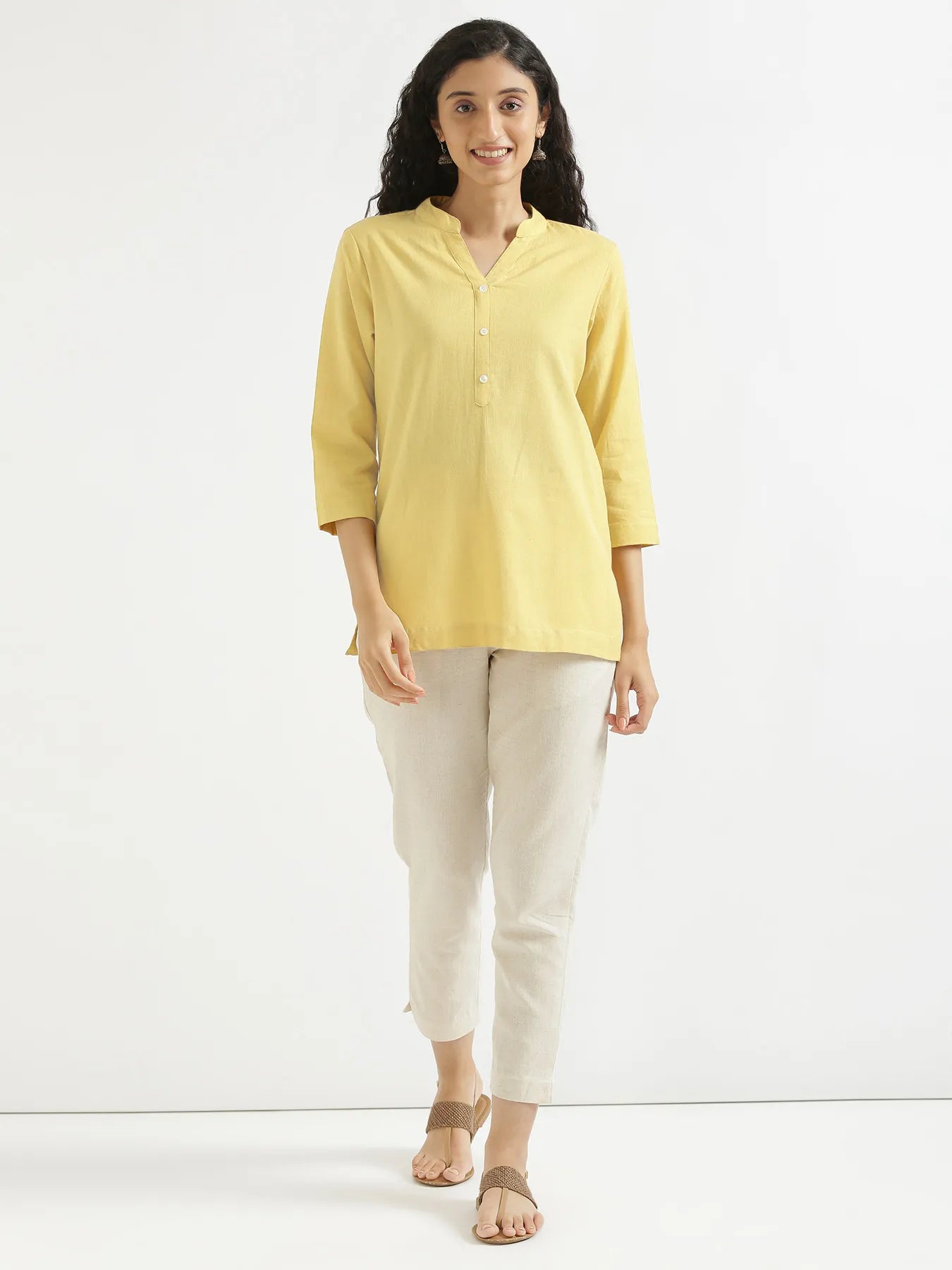 Women Lemon Yellow Airy Linen Short Kurta