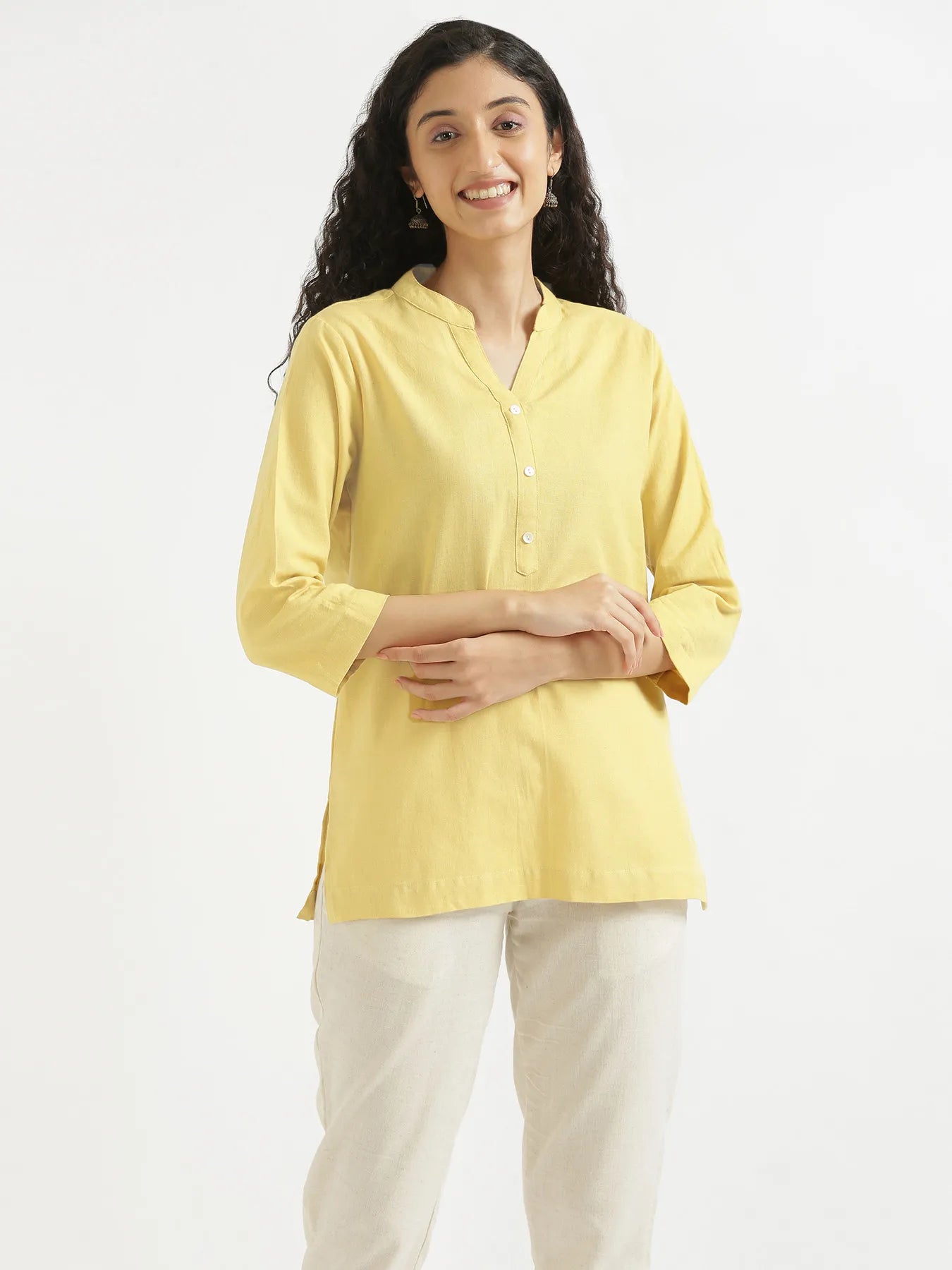 Women Lemon Yellow Airy Linen Short Kurta