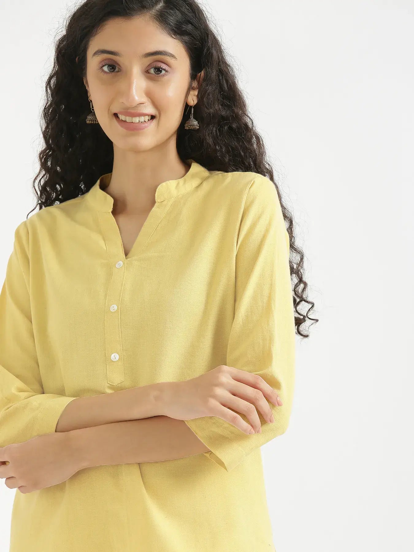 Women Lemon Yellow Airy Linen Short Kurta