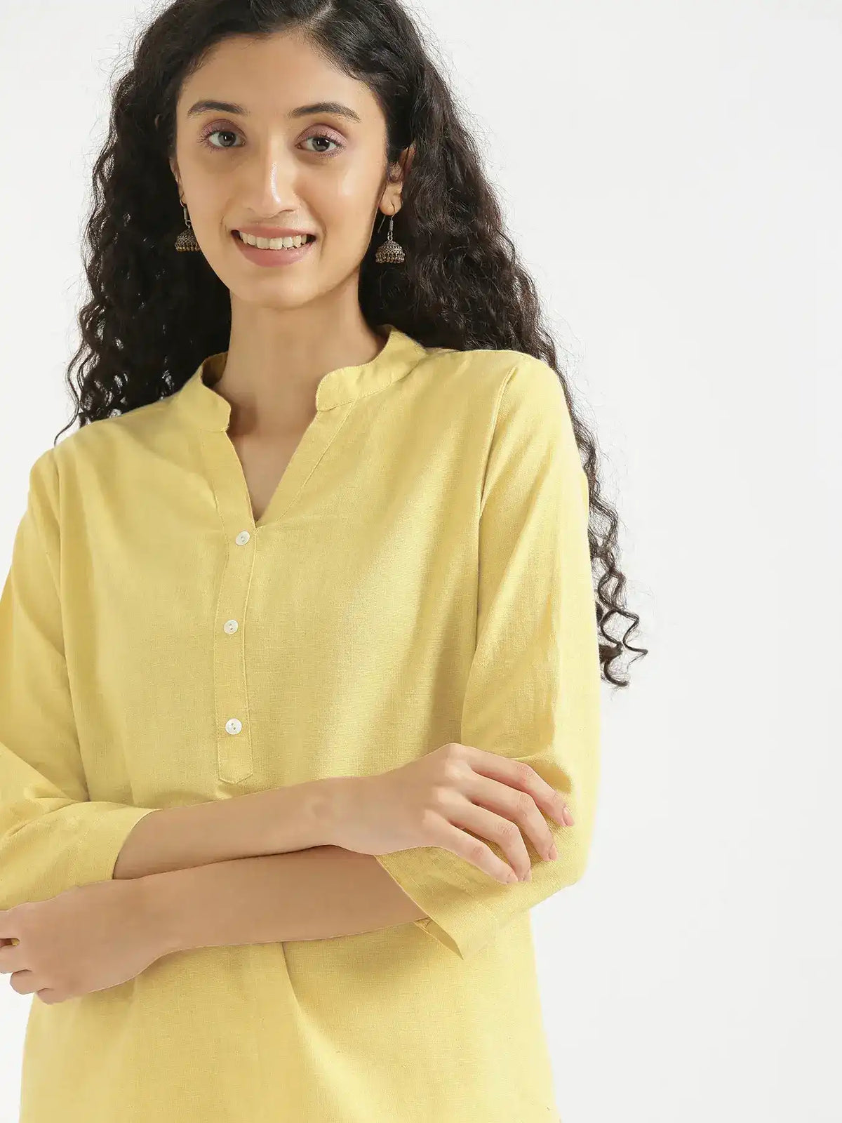 Pick Any 3 Women Airy Linen Short Kurta - Lemon Yellow