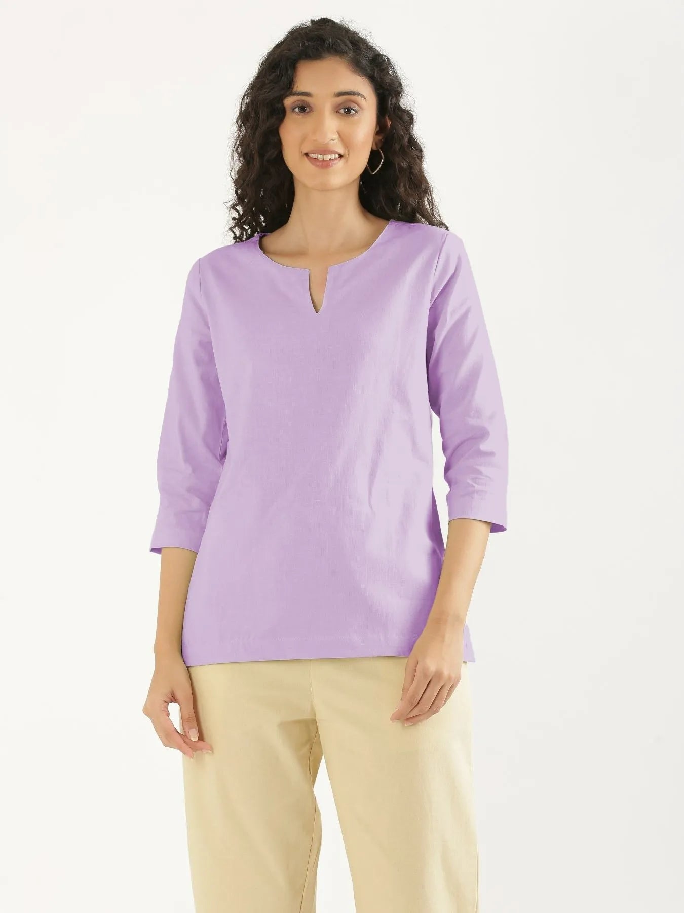 Women Lilac Airy Linen Split Neck Short Kurta