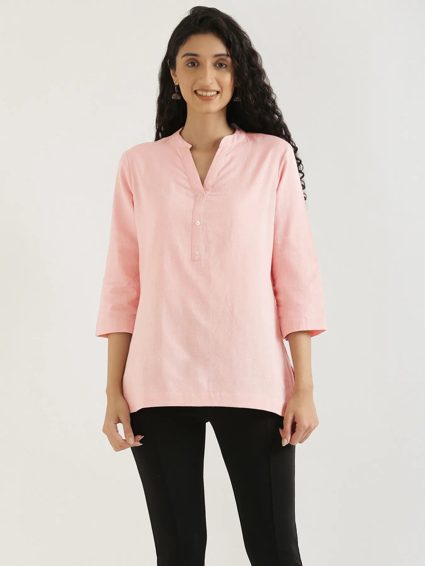 Women Salmon Pink Airy Linen Short Kurta